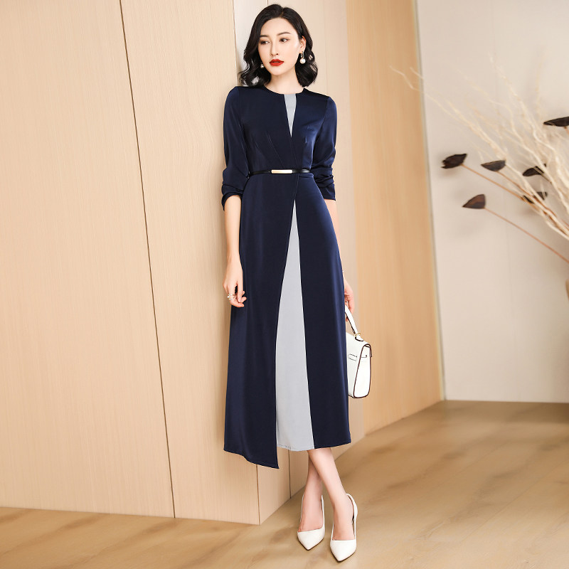 藏蓝色拼接连衣裙2022秋季大摆裙子 婧涵服饰连衣裙