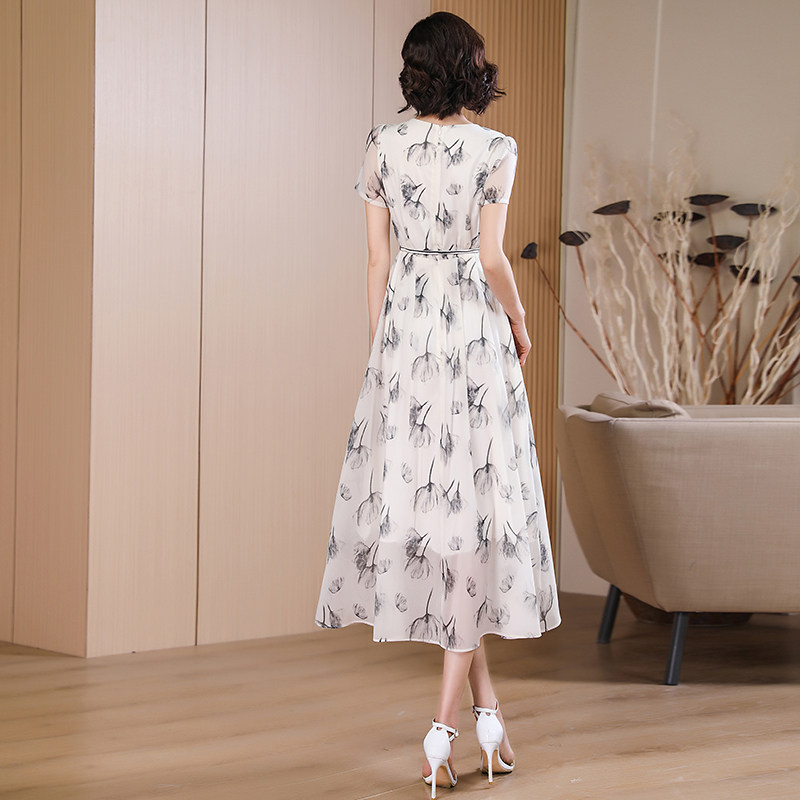 初夏白色雪纺印花女2023新款中长裙 婧涵服饰连衣裙