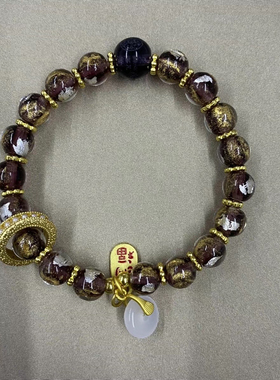 紫色金银箔跑环文殊心咒转运珠纳福女款手链香灰瓷琉璃潘家园手串