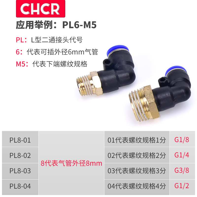 PL气管快速接头L型螺纹弯通PL4-M5 PL8-02 10-01 12 PL16-04 mm - 图1