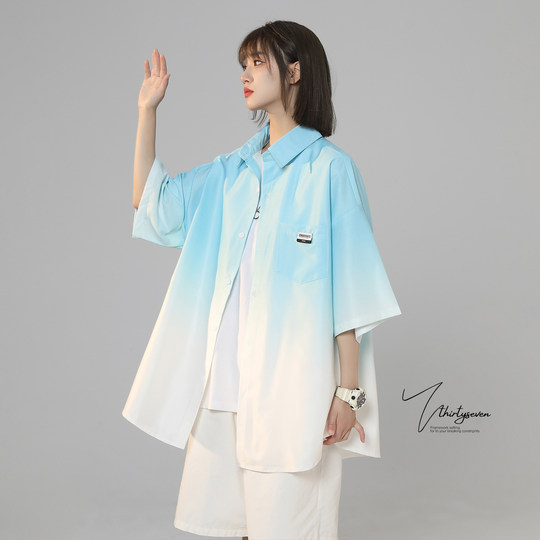 美式渐变色短袖衬衫男秋季潮牌宽松七分袖衬衣设计感小众情侣外套