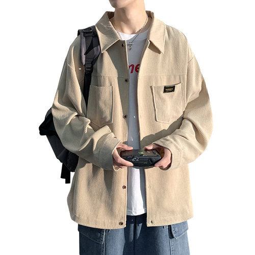 灯芯绒长袖衬衫外套男夏季高街美式休闲翻领衬衣潮牌百搭工装夹克 - 图3