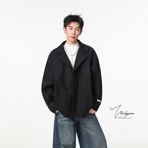 V37英伦风高街棕色毛呢西装外套男秋韩系宽松高级感痞帅翻领西服 - 图3