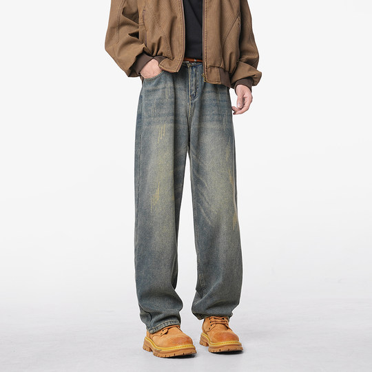 V37 American retro washed distressed jeans for men