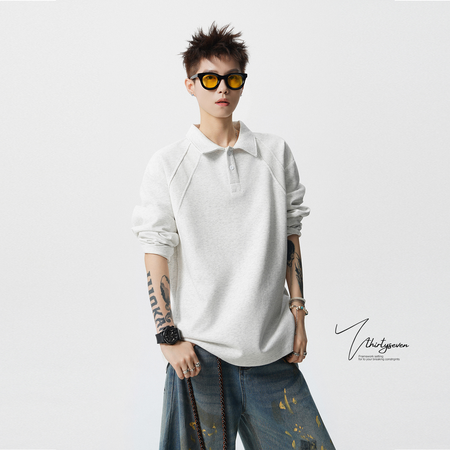 V37美式复古拼接翻领卫衣男秋潮牌解构Polo领长袖重磅休闲打底衫 - 图2