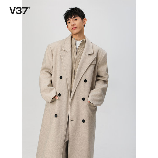V37黑色高级感毛呢大衣男款2025春秋季长款韩版呢子加厚风衣外套