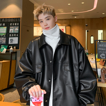 Black cappelled pu leather jacket man 2023 fall American retro senior sensation Superior Officer Jacket Pilot Jacket