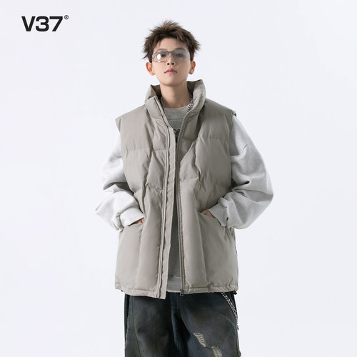 V37美式基础款黑色坎肩棉服马甲男款冬季青少年宽松无袖棉衣外套 - 图2