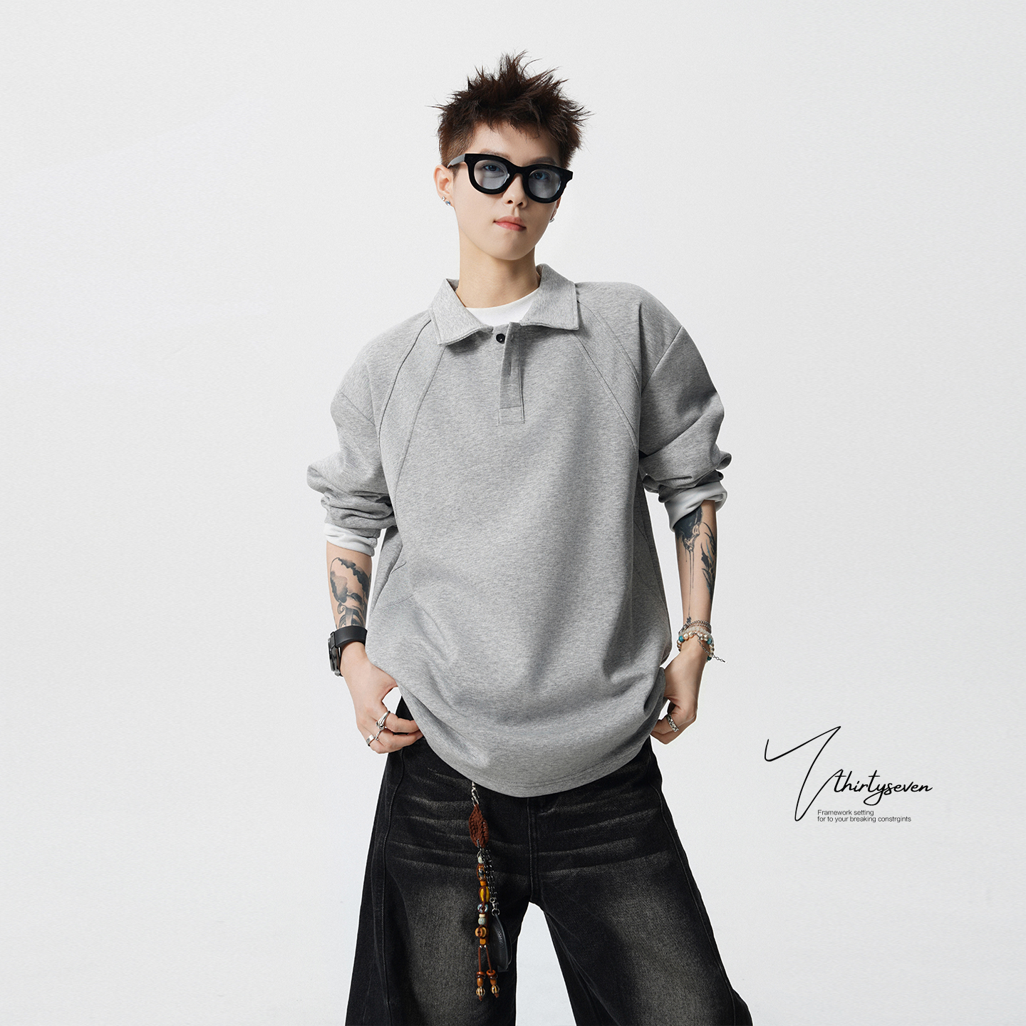 V37美式复古拼接翻领卫衣男秋潮牌解构Polo领长袖重磅休闲打底衫 - 图0