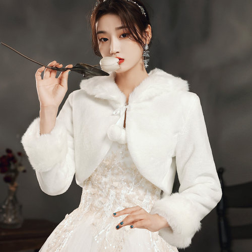 婚纱披肩冬新娘结婚礼白色伴娘服晚礼服春秋季外套长袖外披斗篷毛 - 图3