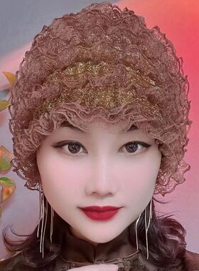 美人纱弹力蕾丝包头帽女遮白发收碎发层层帽时尚洋气透气