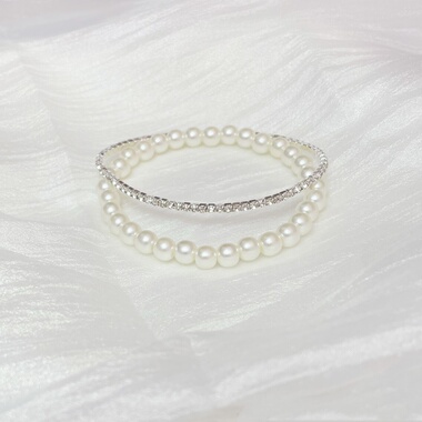 2条珍珠＋水钻叠戴弹力手链法式复古简约时尚日常百搭手串饰品