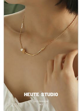 玫瑰花项链珍珠金箔法式轻奢