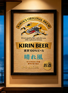 日式居酒屋烧肉日本料理店麒麟晴风啤酒海报藤编竹席木框装饰画