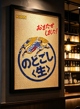 日式居酒屋烧肉日本料理店麒麟豪族生啤酒海报藤编竹席木框装饰画