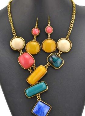 复古几何图形树脂石糖果吊坠项链