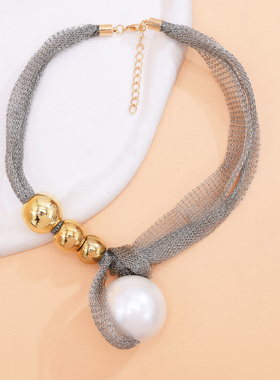 欧美跨境网眼人造珍珠球饰项链女