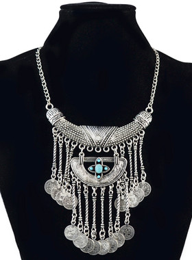 波西米亚复古做旧钱币流苏项链女
