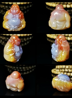 天然原矿战国红玛瑙红黄布袋弥勒笑佛挂件雕件男女款吊坠项链饰品