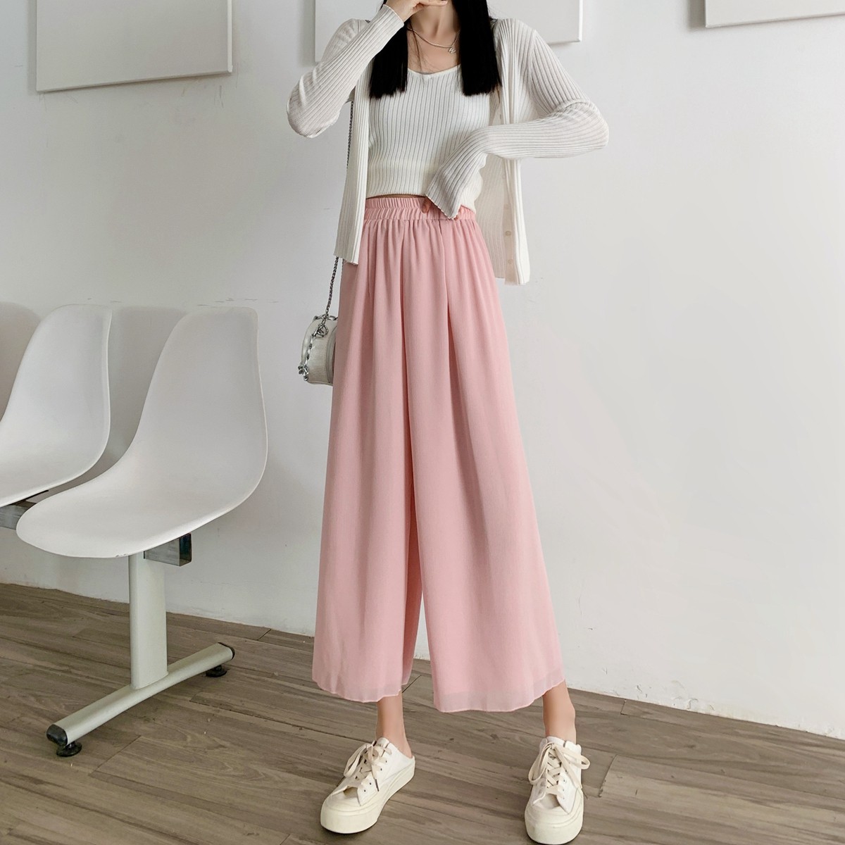 双层雪纺九分夏季垂感白色阔腿裤 梅莉娅休闲裤