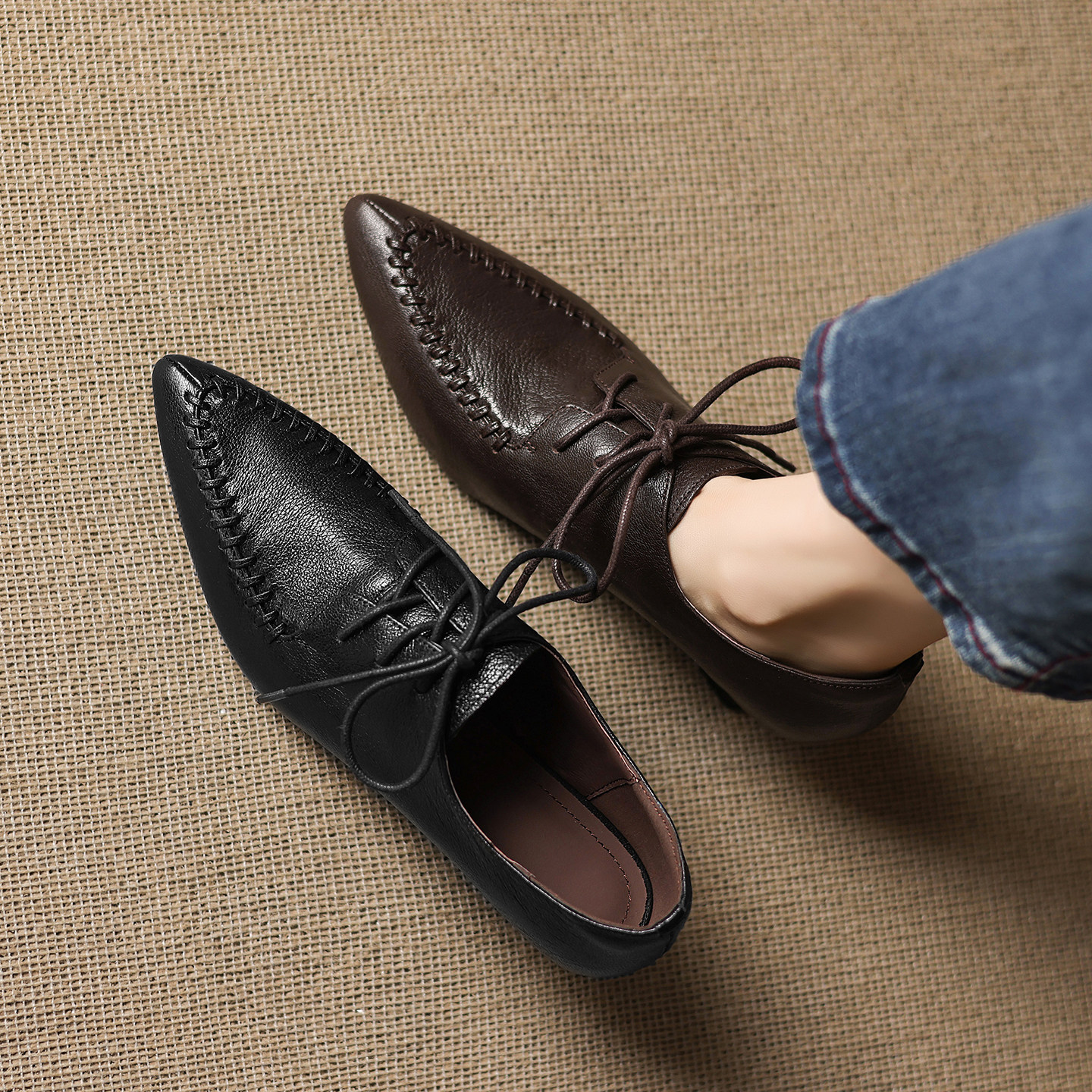 春秋季新款真皮英伦风尖头系带深口单鞋女细跟百搭通勤小皮鞋女鞋,淘宝优惠券,粉丝福利购,淘宝优惠卷