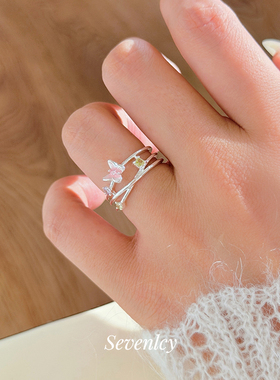 新品【如花在野】春夏限定！浪漫粉蝴蝶多层戒指小众设计