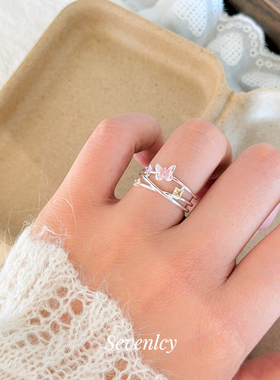 3.18上新85折【如花在野】春夏限定！浪漫粉蝴蝶多层戒指小众设计