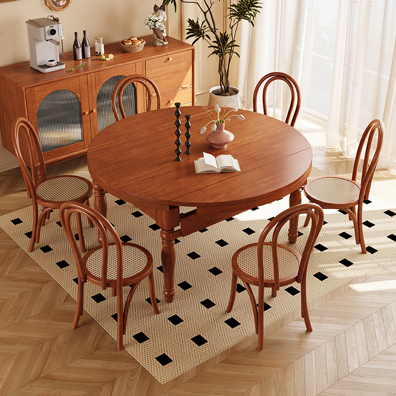 复古风实木餐桌椅组合胡桃木色可伸缩方圆两用小户型美式法式饭桌 - 图2