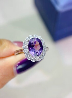 新款天然紫水晶戒指925银镶嵌女开口时尚轻奢饰品送女友新年礼物