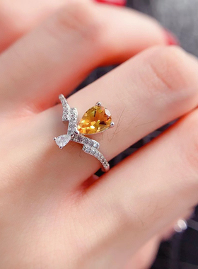 S925银豪华镶嵌天然黄水晶时尚新款百搭潮流女款活圈指环礼物饰品