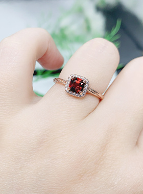 2024年新款方枕石榴石戒指925银镶嵌女开口日韩简约时尚饰品礼物
