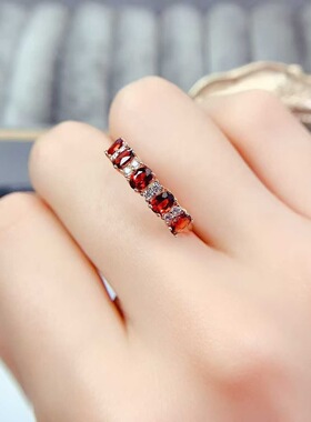新款天然石榴石戒指925银镶嵌开口女简约时尚饰品礼物送女友