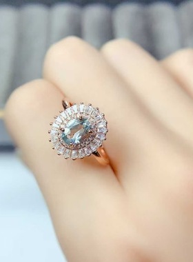 新款天然海蓝宝戒指925银镶嵌女开口日韩轻奢饰品送女友新年礼物