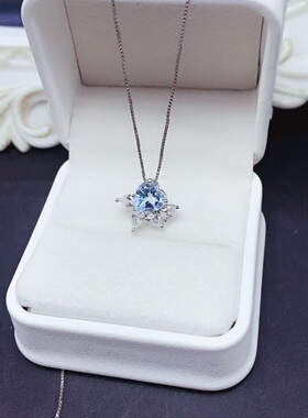 新款天然天空蓝托帕石吊坠925银镶嵌女时尚轻奢饰品送女友礼物