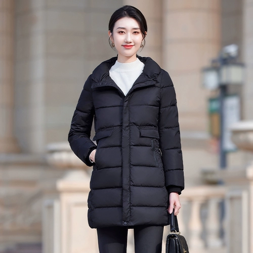 Черный пуховик, куртка, длинный комбинезон, средней длины, увеличенная толщина