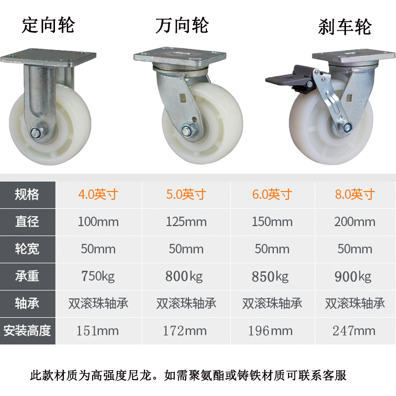 易得力脚轮重型900KG 78系列4寸侧刹车5寸固定6寸万向8寸强度尼龙-图0