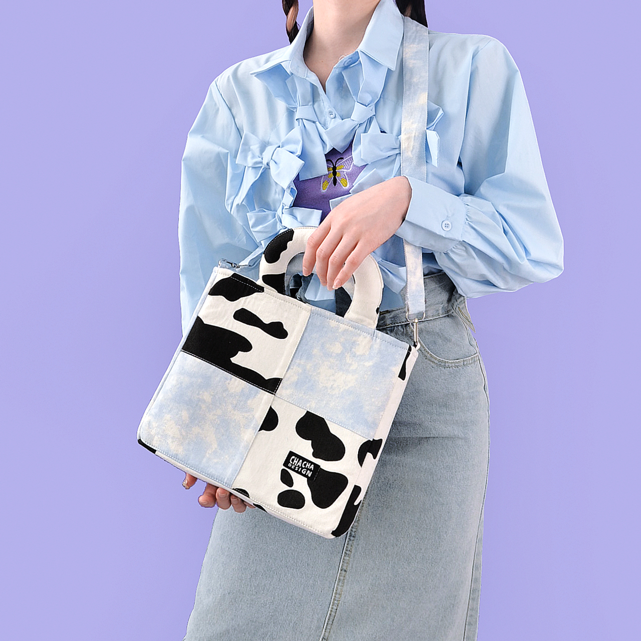 茶茶原创奶牛纹拼接牛仔帆布袋