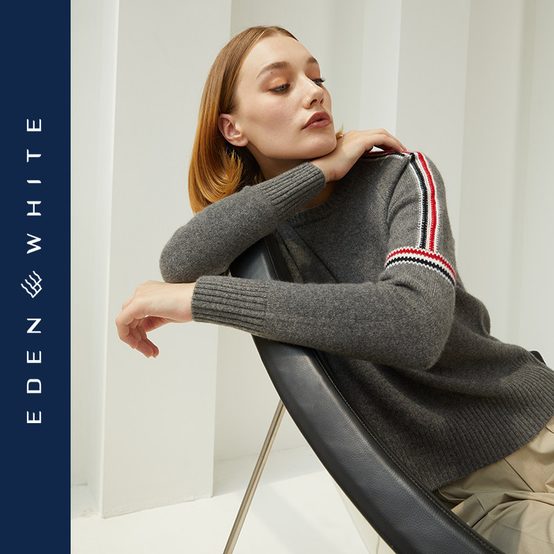 圣雪绒2021秋冬新款女圆领7针加厚羊绒衫撞色条纹提花长袖针织衫 - 图1