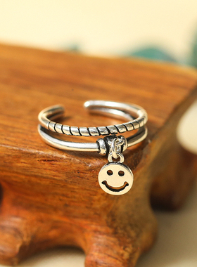 复古开口可调节笑脸吊坠戒指食指