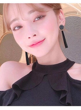 s925银针黑色水晶长款流苏耳环女