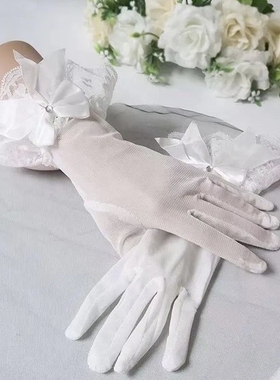 白色缎面蝴蝶结蕾丝婚礼短手套婚纱礼仪结婚婚纱lolita配饰拍照