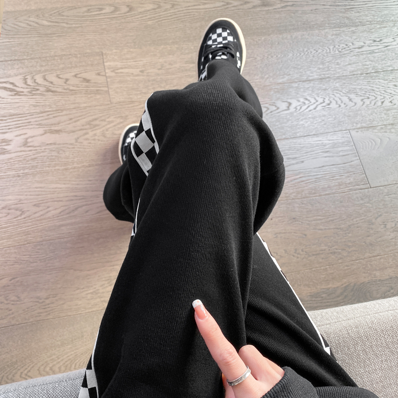 比丽福旗舰店黑色棋盘格子阔腿裤女春秋潮ins高街休闲格子卫裤宽松直筒运动裤1
