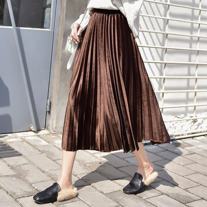 Gold Velvet Long Pleated Skirt Women's Fashion Fall Winter-图1