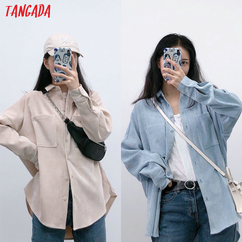 Tangada women preppy oversize corduroy shirt blusas mujer d - 图0
