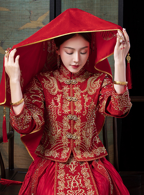 新娘结婚红色刺绣盖头秀禾服配饰