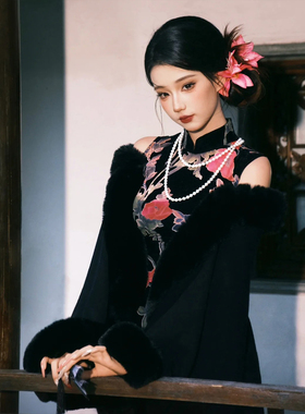 雪梦羊毛茸茸披肩黑色外搭上衣女