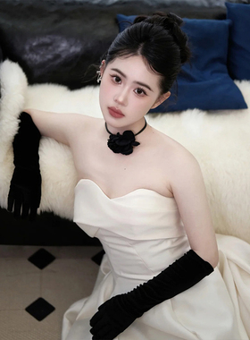 雪梦羊手套黑色丝绒礼服婚纱长款
