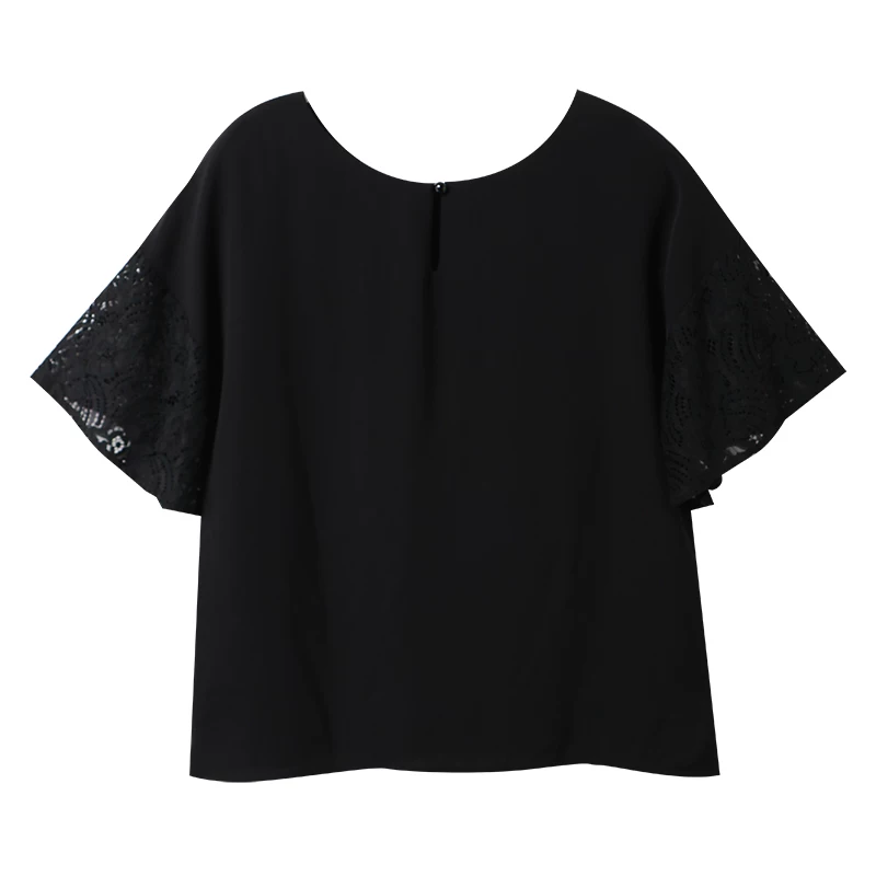 Orange Bear Summer Base Shirt Elegant Hollow Lace Spliced Short Sleeve Chiffon Shirt Top Women's Large Size AB9501