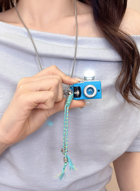 复古彩色小相机吊坠项链女长款