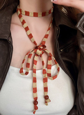 复古撞色条纹项链女2025新款